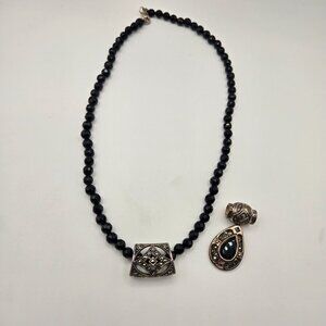 Vintage 90s Sterling Silver 925 Jet Black Faceted Beaded Necklace Marcasite Slid